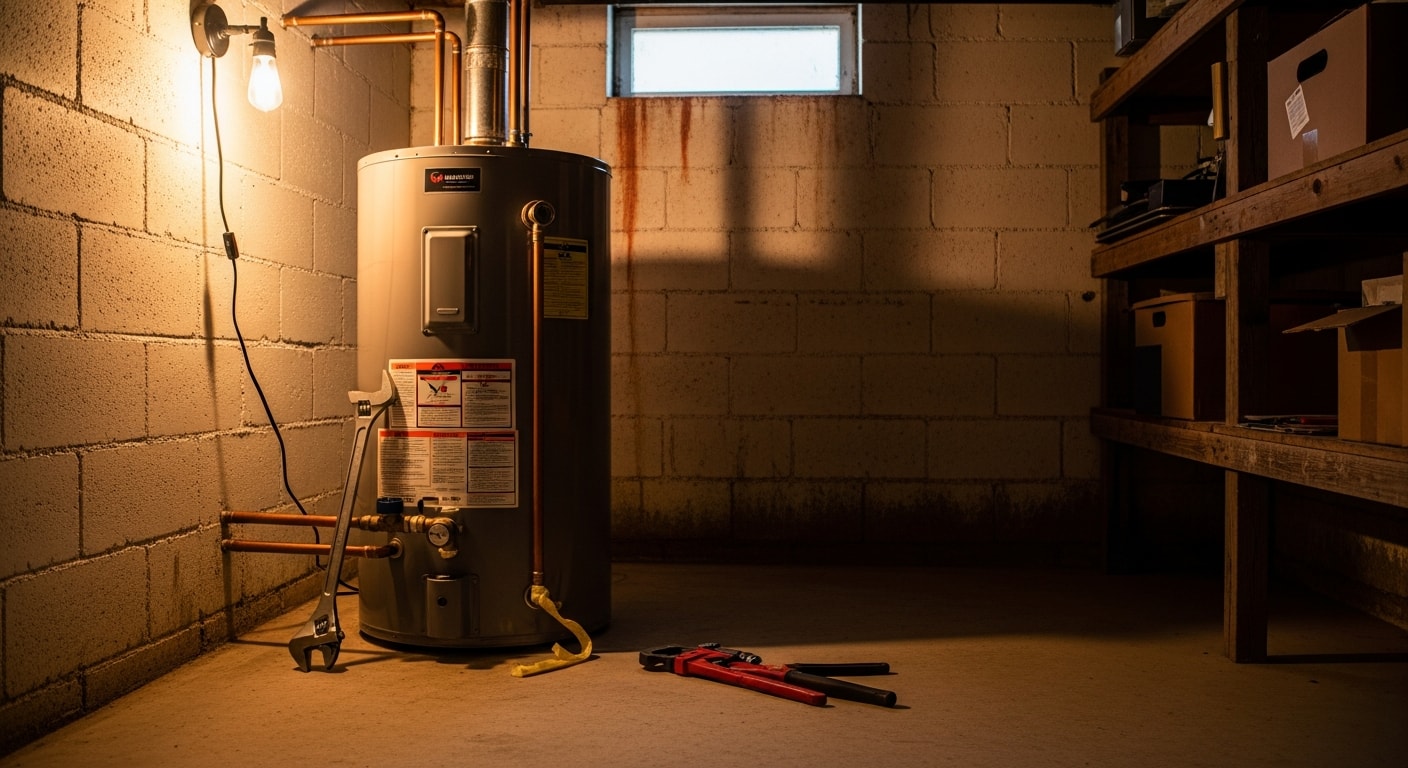 Technician installing a new residential water heater