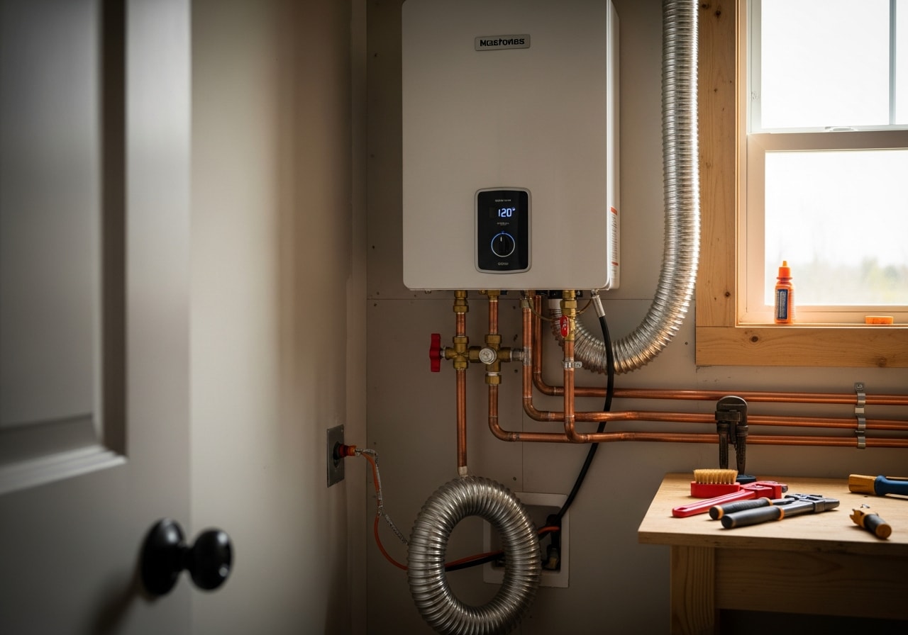 Natural gas tankless water heater mounted on exterior wall, Dandridge