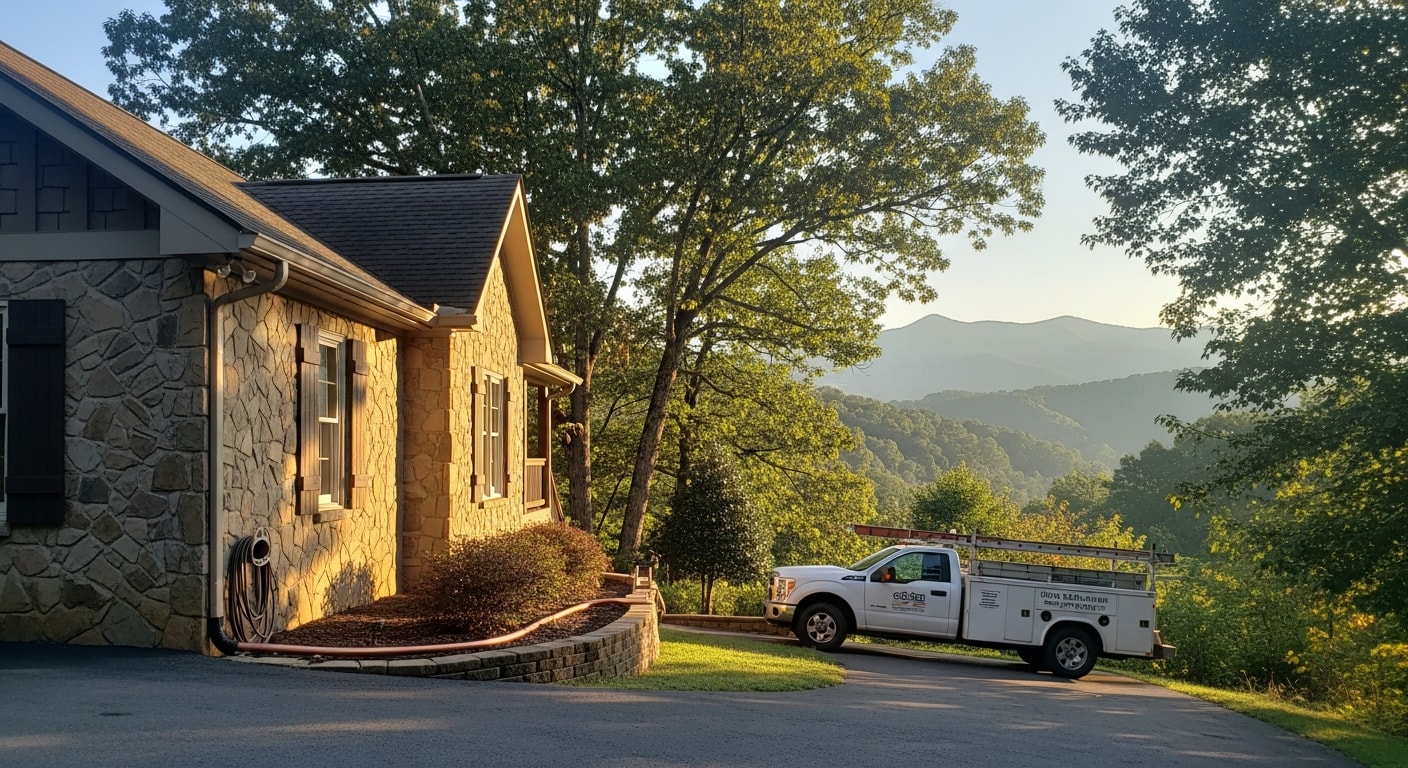 Mountain-view residential property in Sevierville with mature trees and stone foundation, morning light on foothills in background.