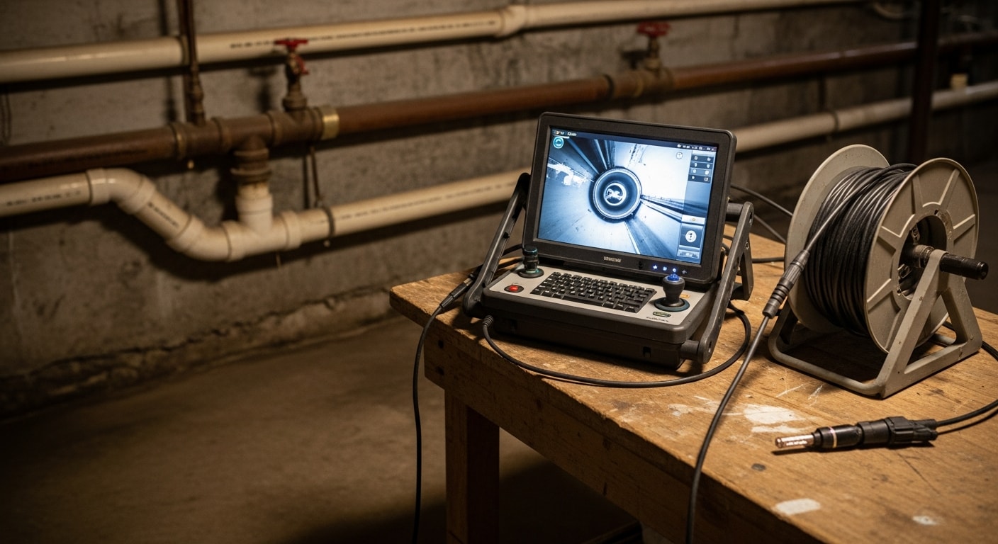 A plumber from All Clear Plumbing feeding a drain inspection camera into a floor cleanout inside a Sevierville home. The monitor beside the technician displays a live view of the interior pipe walls.