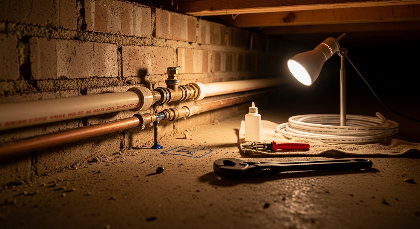A plumber repairing a cracked supply pipe inside the crawl space of a residential home in Sevierville, Tennessee. The repaired pipe section is exposed with clean fittings installed and no visible moisture damage on the surrounding wood framing.