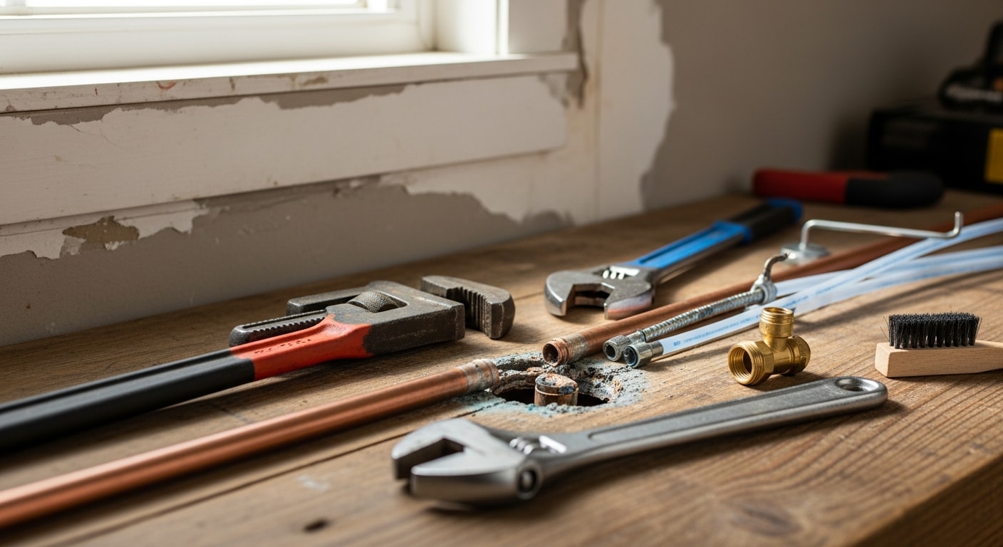 A licensed plumber inspecting under-sink pipes in a Sevierville, TN home, with repair tools laid out on a clean work mat. The kitchen fixtures and cabinetry are visible in the background.