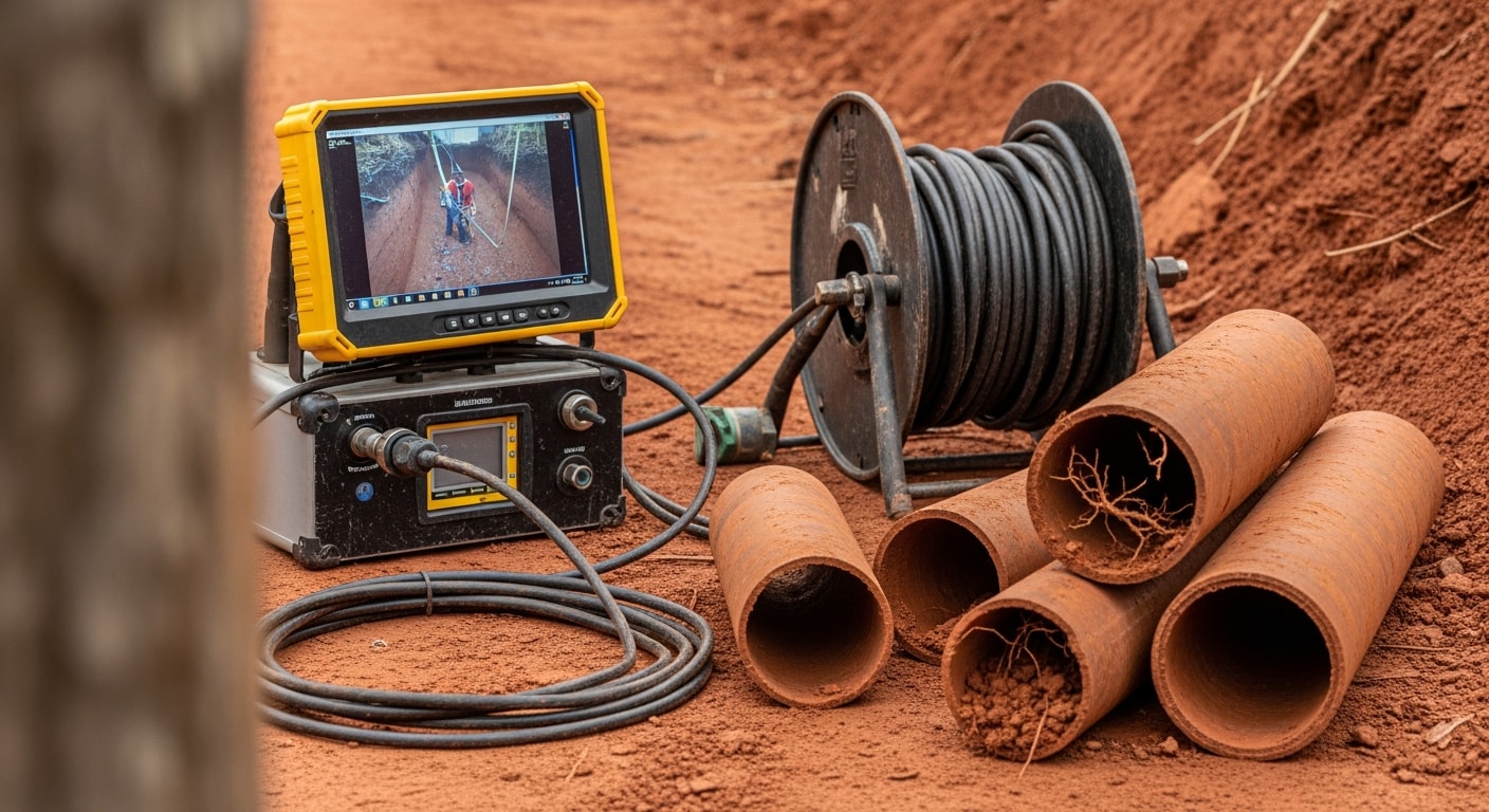 A plumber running a camera inspection line into a residential sewer cleanout at a Sevierville, Tennessee home. The yard shows signs of soil disturbance near the pipe access point.