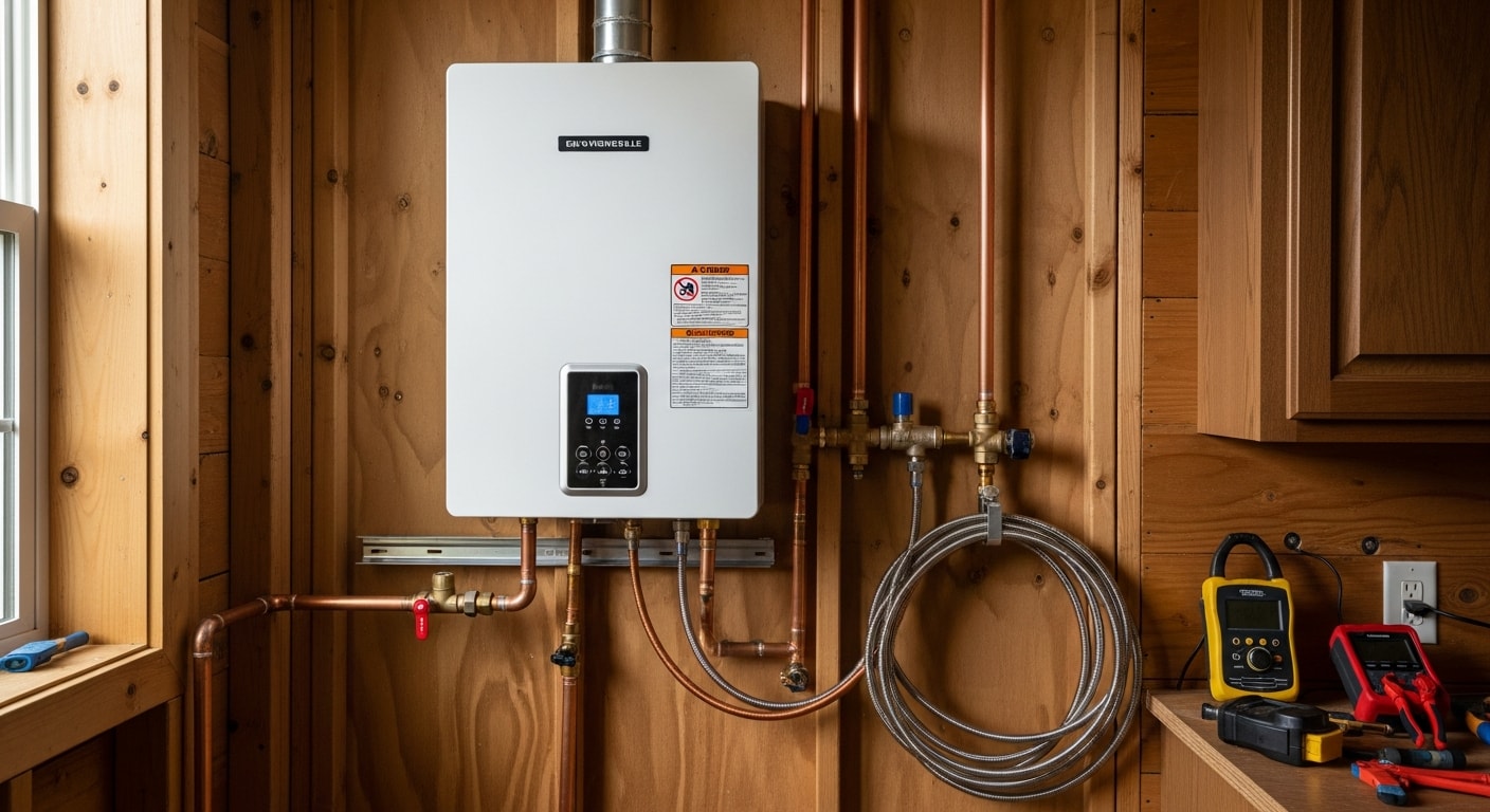 A licensed plumber from All Clear Plumbing completing a tankless water heater installation on the wall of a Sevierville home utility room. The compact unit is mounted with visible gas and water line connections in a clean, code-compliant setup.