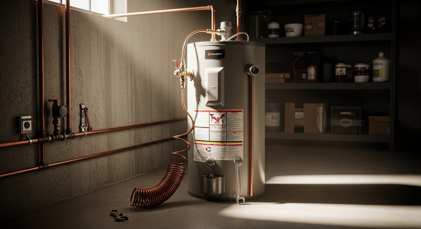 A licensed plumber from All Clear Plumbing installing a new water heater in a Sevierville home utility room. The new tank is connected with fresh supply lines and a temperature and pressure relief valve.